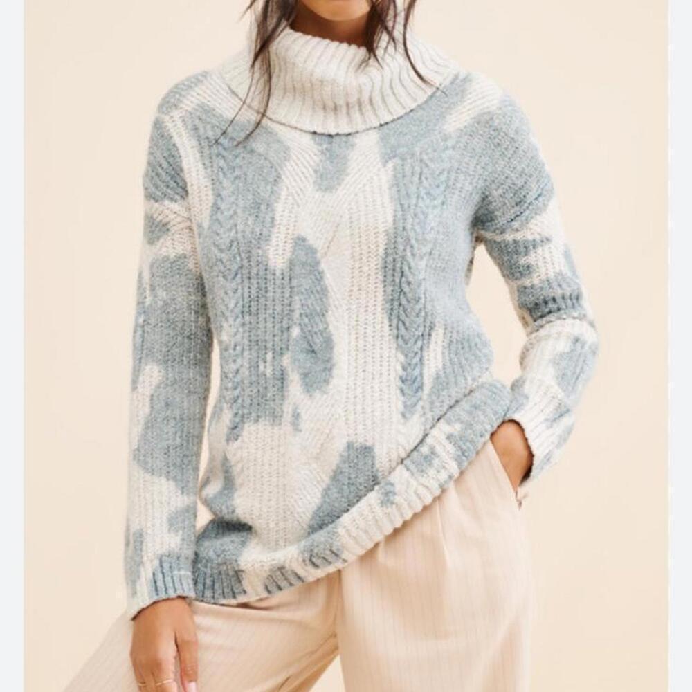Pilcro Anthropologie Spotted Turtleneck Sweater Cream & Blue Women XS Oversized - Picture 13 of 13